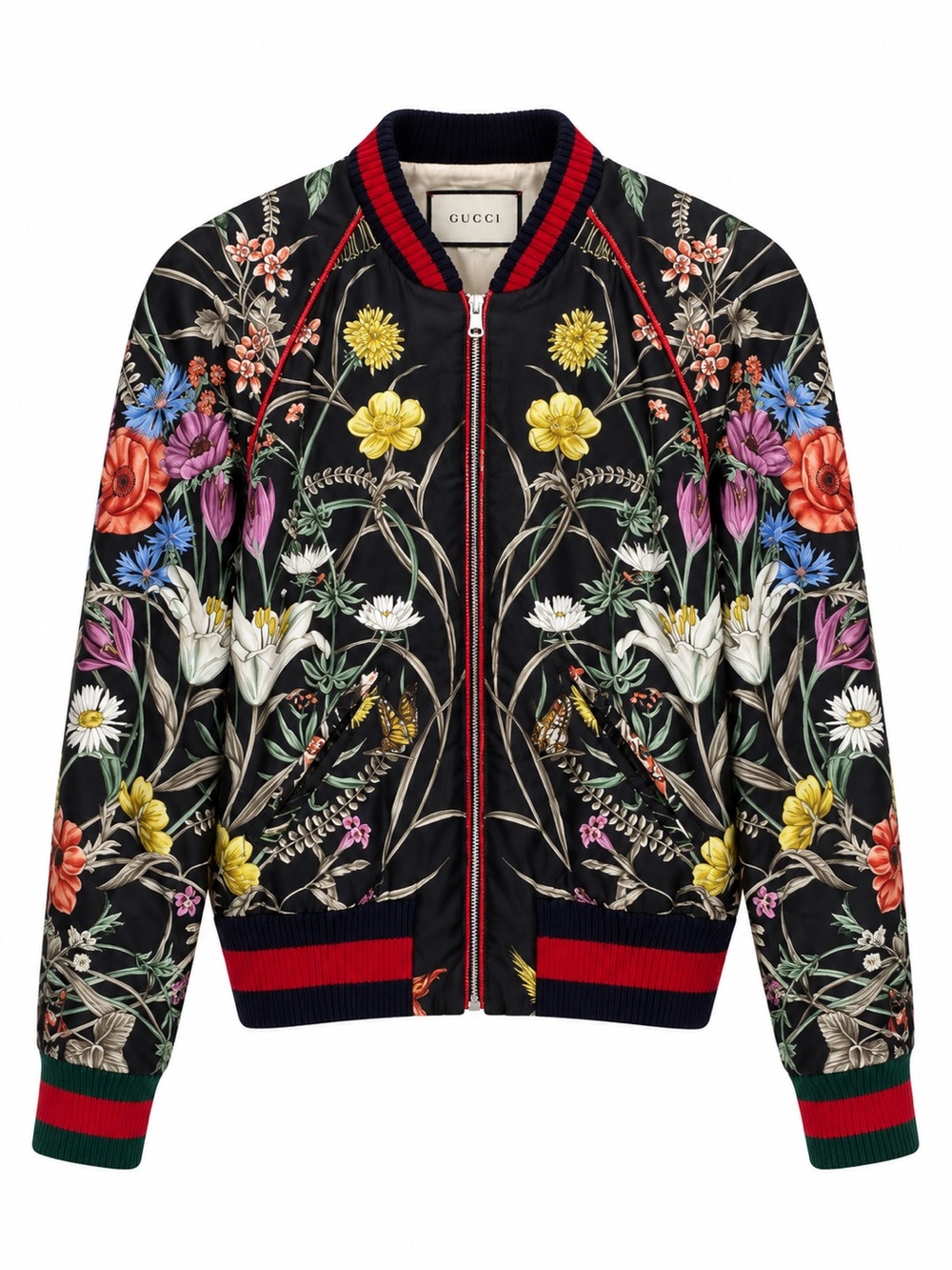 Gucci Black Floral-Print Bomber Jacket with Multicolor Embroidery